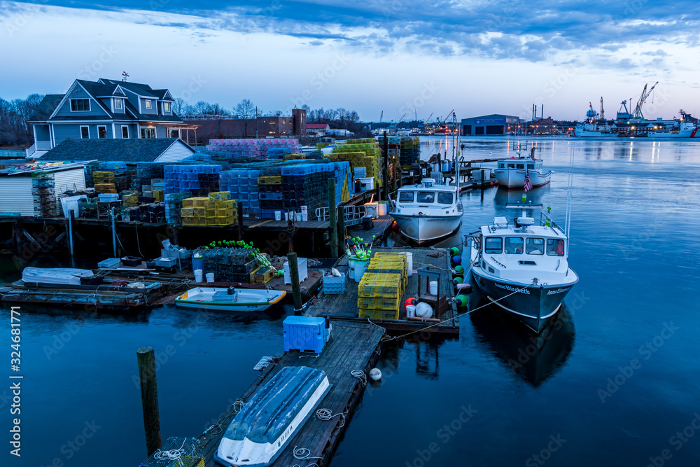 Wall mural lobstermen pier in portsmouth, new hampshire for a winter sunrise.