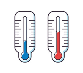 Cold and warm weather thermometer icons isolated
