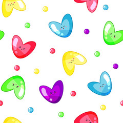 Seamless pattern with sweet multicolor hearts and dots isolated on the transparent background. Vector illustration