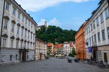 Fototapeta na wymiar Panorama of Ljubljana, Water Fountain and castle in background. Cityscape of the Slovenian capital Ljubljana