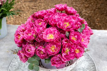 Large bouquet of pink original tulips with many petals