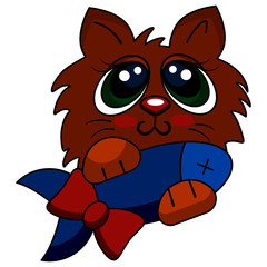 Cute little cat with a birthday gift. Flat vector illustration on a white background.