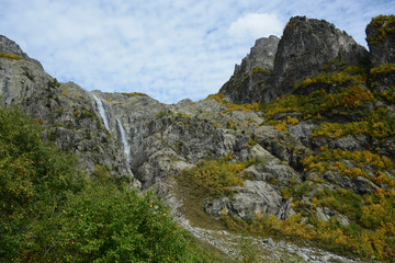Fototapeta na wymiar Beatiful view to Mazeri waterfall, Svaneti, Georgia