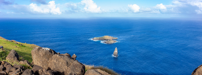 Fototapeta na wymiar Easter Island, Rapa Nui. Ceremonial Orongo Villadge on Rano Kau volcano