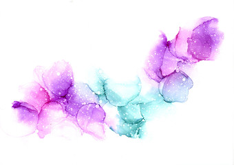Colorful abstract hand drawn watercolor or alcohol ink background in pink, violet and turquoise tones.