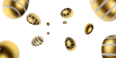 Easter egg background with falling golden shine decorated eggs isolated on white. Happy Easter.