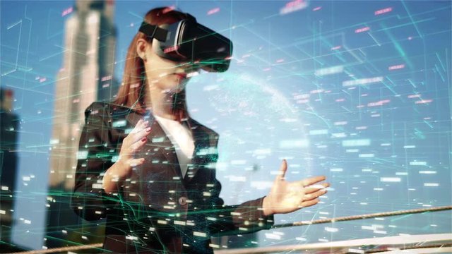 Business Woman uses futuristic touchscreen interface on VR headset