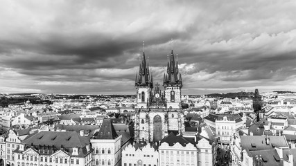 Aerial view of Church of Our Lady before Tyn at Old Town Square, Prague, Czech Republic