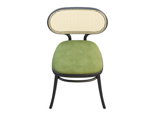 Mid-century bent beech-wood chair with woven cane backrest and fabric seat. 3d render.