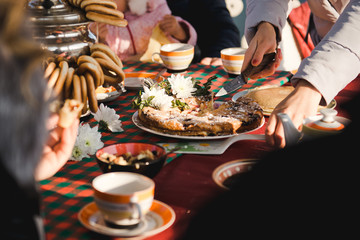 Spring picnic. Winter tea party in nature. Pie with berries