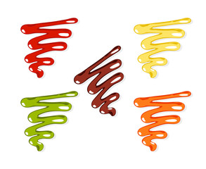 Set of different sauces, mayonnaise, chilli sauce, mustard and ketchup, barbecue. Vector illustration.