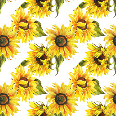 Watercolor seamless pattern with sunflowers, botanical painting, floral painting, stock illustration. Fabric wallpaper print texture.