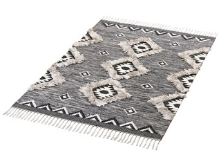 Scandinavian tassel rug with ethnic pattern and fur inserts. 3d render