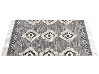 Scandinavian tassel rug with ethnic pattern and fur inserts. 3d render