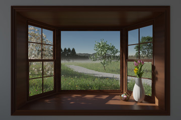 Easter eggs in basket, tulip and narcissus flowers in vase, placed on mahogany bay window over sunny spring meadow background filled with dandelion and daisy flowers. 3D rendering.