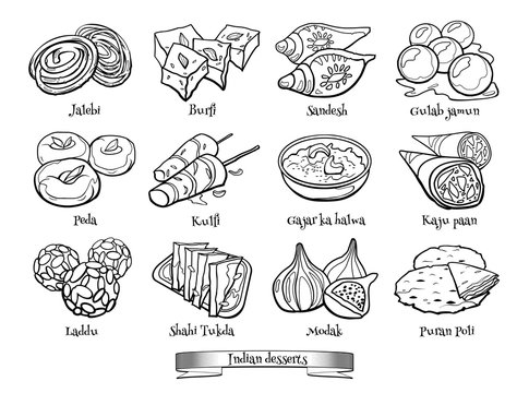 Collection of traditional Indian desserts. Hand drawn sketch in doodle style.