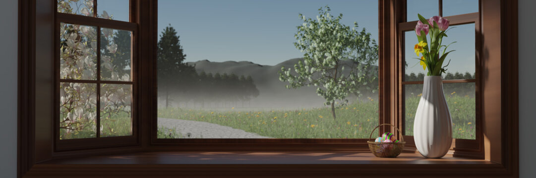 Easter eggs in basket, tulip and narcissus flowers in vase, placed on mahogany bay window over sunny spring meadow background filled with dandelion and daisy flowers. 3D rendering.