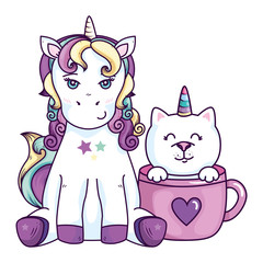 cute unicorn with cat unicorn in cup vector illustration design