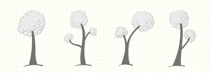 Set of trees of different shapes in a gray tone in vintage style on a notebook page on a light background