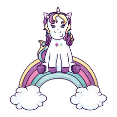 cute unicorn with clouds and rainbow vector illustration design