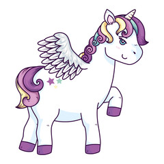 cute unicorn with wings and stars decoration vector illustration design