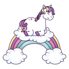 cute unicorn with clouds and rainbow vector illustration design