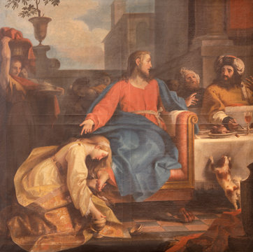 RAVENNA, ITALY - JANUARY 28, 2020: The painting of scene The Supper Of Jesus By Simon The Pharisee from the chruch Chiesa di Santa Maria Maddalena by Tommaso Maria Sciacca (1734 - 1795).