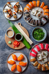 Sushi and rolls sets. Japonese food. top view