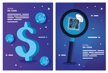 set poster of scan code qr and icons vector illustration design