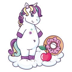 cute unicorn with donut and cherry vector illustration design