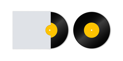 Vinyl record disc with yellow label. Vinyl Record with Cover Mockup. Old technology, realistic retro design. Front view. Disco party.
