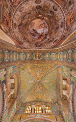 Fototapeta na wymiar RAVENNA, ITALY - JANUARY 28, 2020: The ceiling mosaic and baroque cupola of church Basilica di San Vitale.