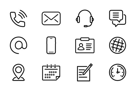 Contact us. Web icon set. Lines web icons Phone, smartphone, email, location, house, globe, address, chat. Web icons set