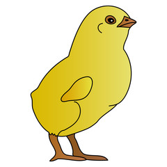 Color vector illustration of a proud chicken preparing for Easter. Yellow ball. Chick on an isolated background. Cartoon style. Idea for a book, magazine, or web design. Spring mood.