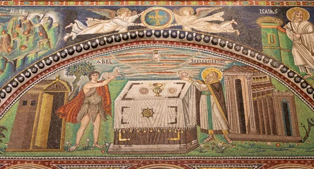 Poster RAVENNA, ITALY - JANUARY 28, 2020: The mosaic of The offer of Melchizedek  in presbytery of the church Basilica di San Vitale from the 6. cent. © Renáta Sedmáková