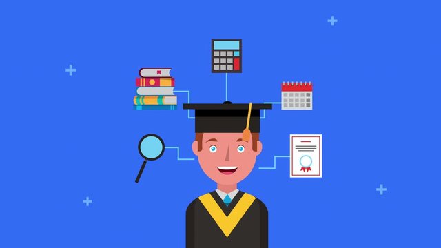 young student boy with elearning icons
