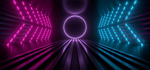 Dark corridor with bright colored neon lights on a black background. 3d rendering image.