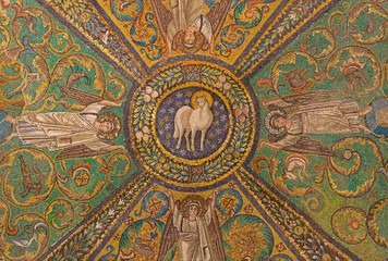 Fototapeta na wymiar RAVENNA, ITALY - JANUARY 28, 2020: The symbolic mosaic of Lamb of God from the presbytery of church Basilica di San Vitale from the 6. cent.