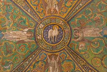 Poster RAVENNA, ITALY - JANUARY 28, 2020: The symbolic mosaic of Lamb of God from the presbytery of church Basilica di San Vitale from the 6. cent. © Renáta Sedmáková