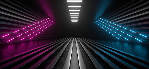 Dark corridor with bright colored neon lights on a black background. 3d rendering image.