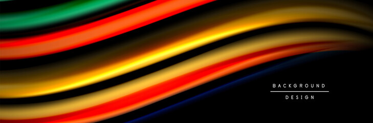 Silk and smooth flow wave poster design. Color waves, liquid style lines and shapes in black color background
