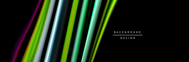 Silk and smooth flow wave poster design. Color waves, liquid style lines and shapes in black color background