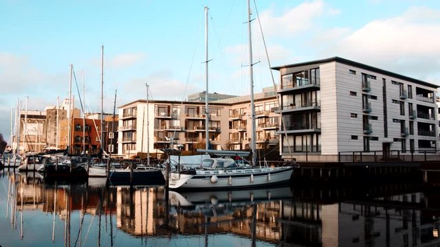 Boats parked in the harbor of Odense city 