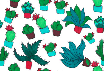 A seamless pattern of cacti and succulents on a white, isolated background.