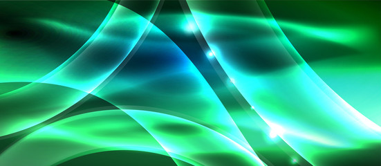 Obraz premium Abstract background. Shiny design neon waves with light effects, techno trendy design. Vector Illustration For Wallpaper, Banner, Background, Card, Book Illustration, landing page