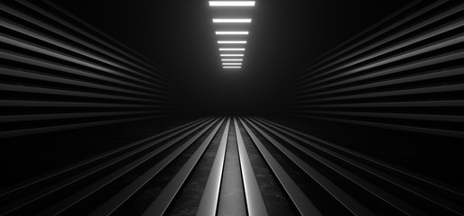 Obraz premium Dark corridor with white neon lights on a black background. 3d rendering image.