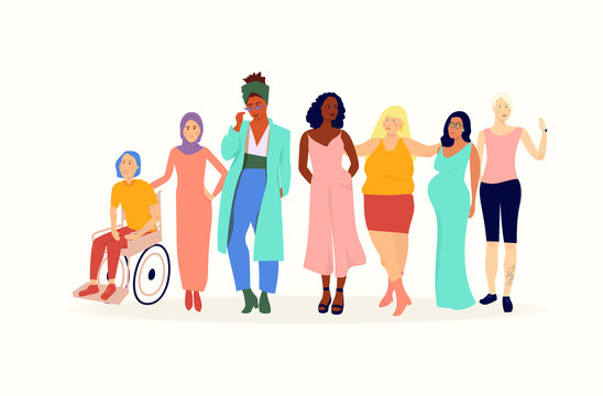 Set Of Diverse Women Characters Body Strong , Equal Rights, Ethinicities And Backgrounds, Flat Vector Cute Colourful Fun Style Banner Text Concept For Lifestyle, Magazine, International Womens Day