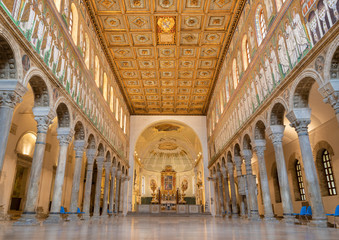 RAVENNA, ITALY - JANUARY 28, 2020: The nave of church Basilica of Sant Apolinare Nuovo from the 6....