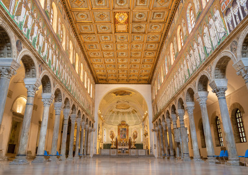 RAVENNA, ITALY - JANUARY 28, 2020: The nave of church Basilica of Sant Apolinare Nuovo from the 6. cent.