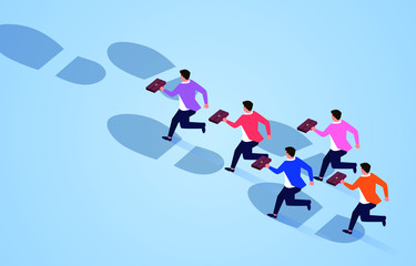 A group of businessmen running along huge footprints